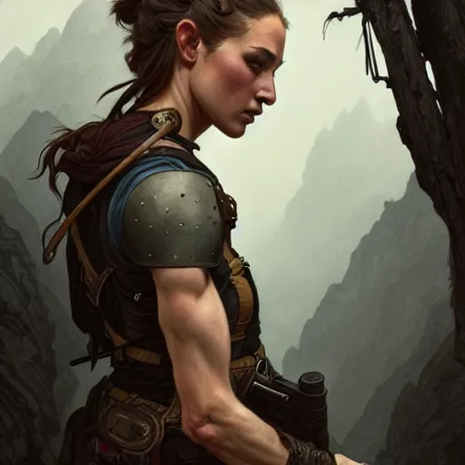 Image similar to back portrait of a rugged female ranger, full body, hairy torso, D&D, fantasy, intricate, elegant, highly detailed, digital painting, artstation, concept art, matte, sharp focus, illustration, art by Artgerm and Greg Rutkowski and Alphonse Mucha