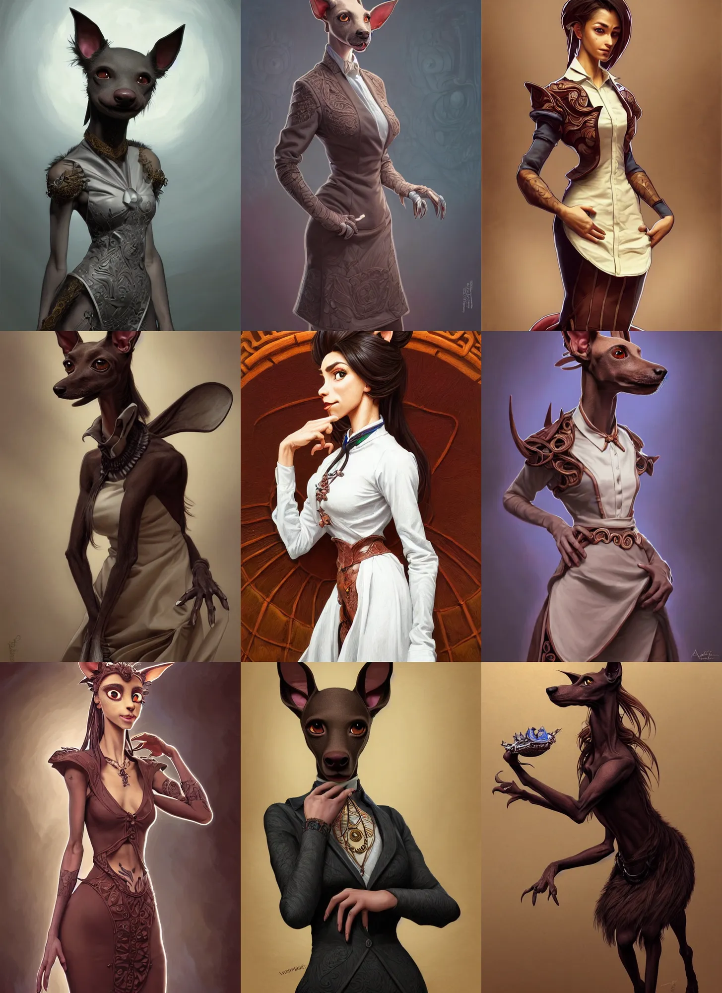 Prompt: full body photograph of a female anthropomorphic xoloitzcuintle fursona wearing a dress shirt, deep focus, intricate, elegant, highly detailed, digital painting, artstation, concept art, matte, sharp focus, illustration, d & d, fantasy, hearthstone, art by artgerm and greg rutkowski and alphonse mucha