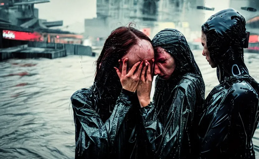 Prompt: cinestill 5 0 d candid photographic portrait by steve mccurry of two loving female androids sobbing wearing rugged black mesh techwear in treacherous waters, flooded city, medium closeup, retrofuturism cyberpunk moody emotional cinematic, pouring iridescent rain bright spotlight helicopter, 8 k, hd, high resolution, 3 5 mm, f / 3 2, ultra realistic faces, ex machina