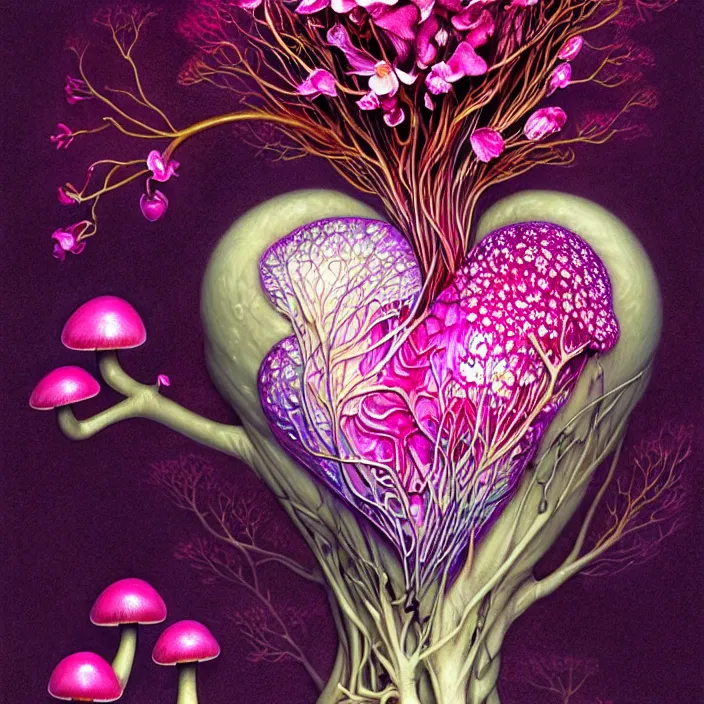 Image similar to extremely psychedelic organic human heart made of orchid and cherry blossom tree and mushroom, LSD heart, diffuse lighting, fantasy, intricate, elegant, highly detailed, lifelike, photorealistic, digital painting, artstation, illustration, concept art, smooth, sharp focus, art by John Collier and Albert Aublet and Krenz Cushart and Artem Demura and Alphonse Mucha