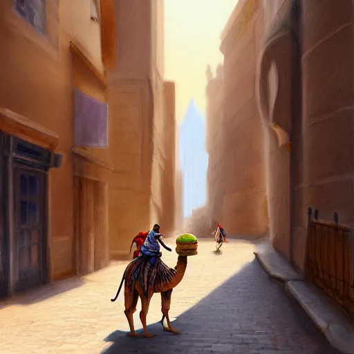 Image similar to A painting of a mouse Riding a camel through a narrow street in london, highly detailed, digital painting, Artstation, smooth