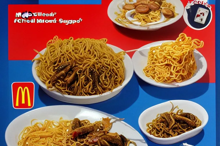 Prompt: mcdonald's fried slugs and crickets served with noodles meal, in 1 9 9 5, y 2 k cybercore, advertisement photo