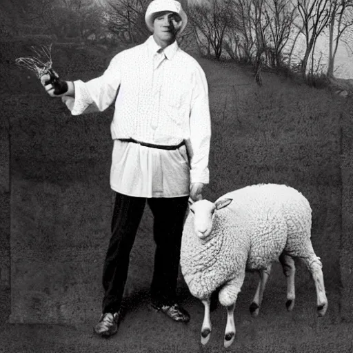 Image similar to photo hybrid of between an american man and a sheep.