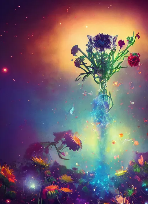 Image similar to An epic fantastic realism comic book style painting of the most beautiful spinning flowers floating into the dark and starry cosmos, exquisite bouquets, fisheye, a star implodes, unreal 5, DAZ, hyperrealistic, octane render, dynamic lighting