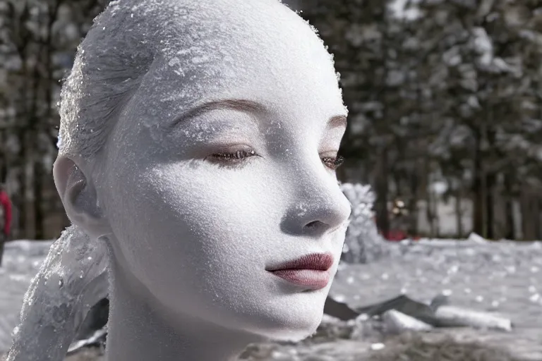 Image similar to a beautiful woman made out of snow and ice sitting by a campfire and slowly melting, by iris van herpen, unreal engine 5