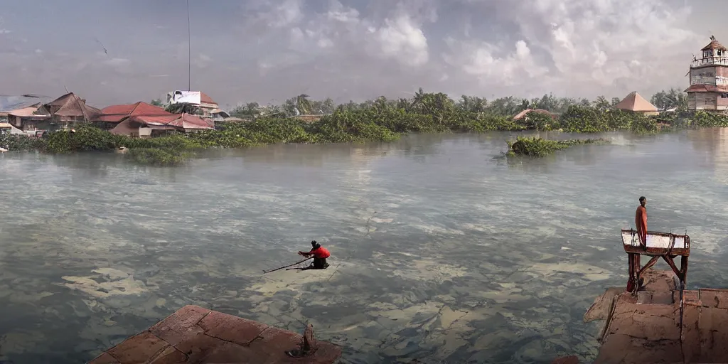 Image similar to fisherman fishing from a rooftop in a submerged sri lankan city, concept art, landscape