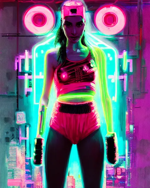 Prompt: detailed portrait Gal Gadot Neon boxer , cyberpunk futuristic neon, reflective crop top and shorts, boxing gloves, decorated with traditional Japanese ornaments by Ismail inceoglu dragan bibin hans thoma greg rutkowski Alexandros Pyromallis Nekro Rene Maritte Illustrated, Perfect face, fine details, realistic shaded, fine-face, pretty face