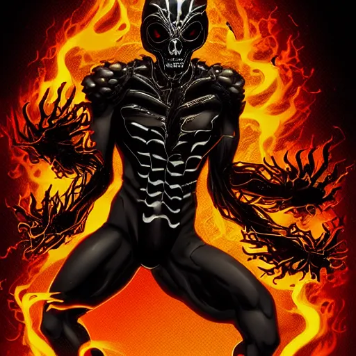 Prompt: ghost rider symbiote, comic strip style, dynamic lighting, fantasy concept art, trending on art station, stunning visuals, creative, cinematic, portrait, ultra detailed