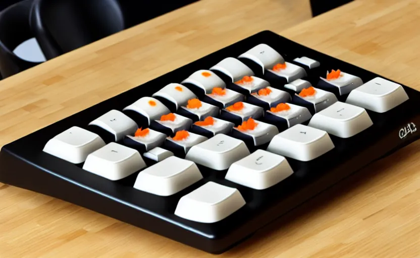 Image similar to a computer keyboard in the style of a sushi platter