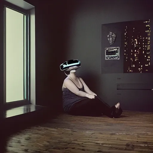 Image similar to photo of a woman in vr headset sitting in cyberpunk room behind the window, by annie leibovitz