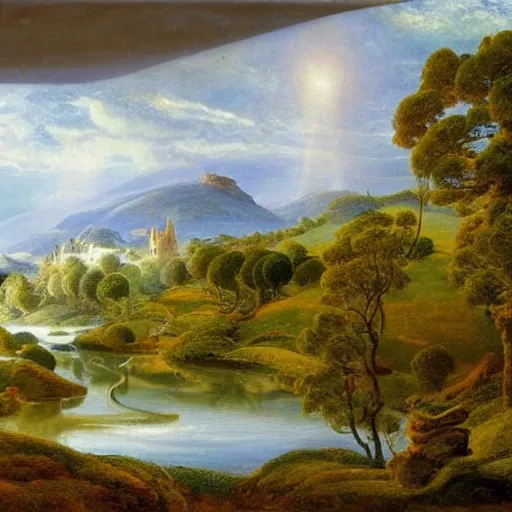 Image similar to A beautiful kinetic sculpture of a landscape. It is a stylized and colorful view of an idyllic, dreamlike world with rolling hills, peaceful looking animals, and a flowing river. The scene looks like it could be from another planet, or perhaps a fairy tale. by Caspar David Friedrich, by Charles Willson Peale lines