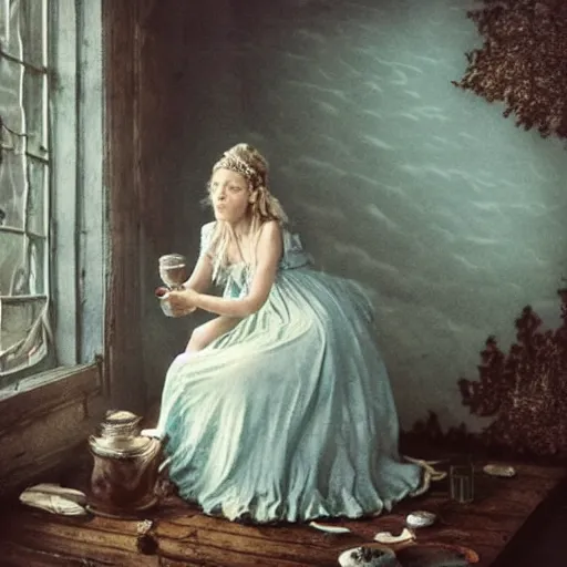 Image similar to A 18th century, messy, silver haired, (((mad))) elf princess (similar to young Kate Winslet), dressed in a ((ragged)), wedding dress, is ((drinking a cup of tea)). Everything is underwater and floating. Greenish blue tones, theatrical, (((underwater lights))), high contrasts, fantasyconcept art, inspired by John Everett Millais's Ophelia