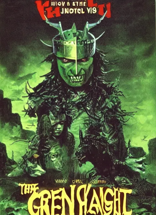 Image similar to The Green Knight (2021), 1980's VHS horror cover art, highly detailed