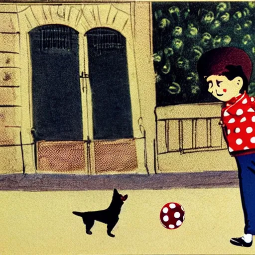 Image similar to book illustration of a french boy on the streets of paris playing football against a corgi, the dog is wearing a polka dot scarf, 1 9 6 6