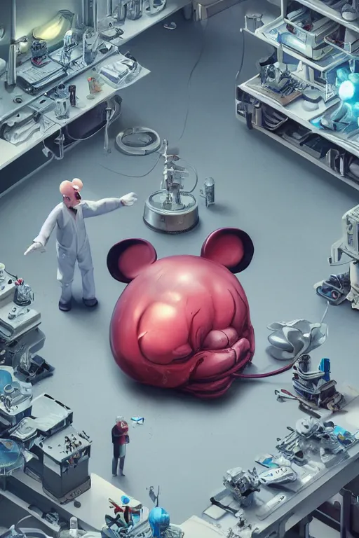 Prompt: top view mechanics scientist in lab facility looking at bloody mickey mouse head lifted by claw,, made by beeple, cgsociety, artgerm, greg rutkowski, highly detailed intricate 4 k art, low light cinematic, octane render, unreal engine, smooth concept art