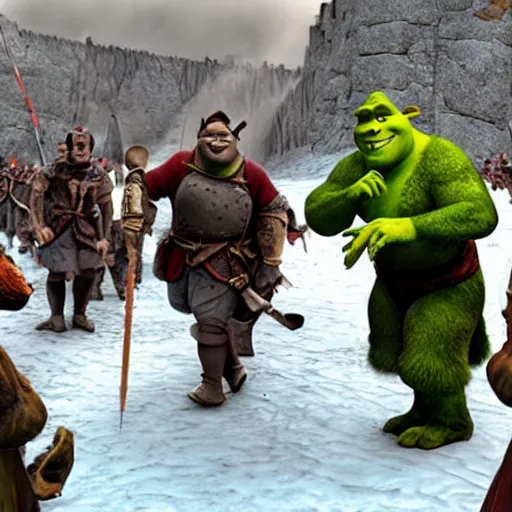 Prompt: shrek at the battle of helm’s deep