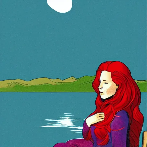 Image similar to a beautiful comic book illustration of a woman with long red hair sitting near a lake at night by dave gibbons, featured on artstation