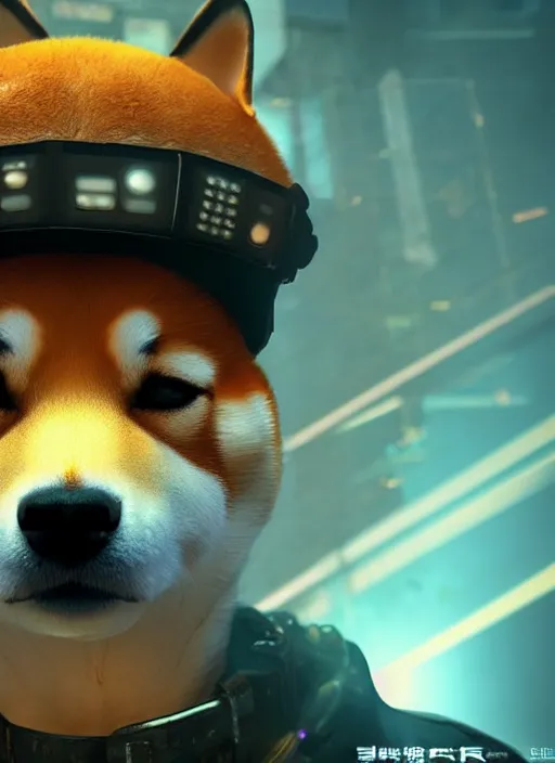 Image similar to shiba inu with mushrooms growing out of it's face. Very detailed 8k. Fantasy cyberpunk horror. Sharp. Cinematic post-processing