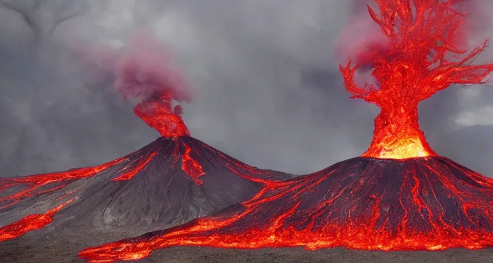 Image similar to a volcano made of ivory vines and crimson rocks enters in eruption, it spits a smoke in the shape of demonic eye, from Final fantasy