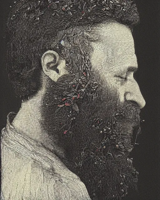 Prompt: a man's face in profile, long beard, made of fruit and flowers, in the style of the Dutch masters and Chuck Close, dark and moody