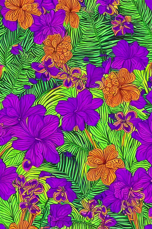 Image similar to Intricate detailed vector illustration of tropical flowers and green reeds, multiple cohesive colors ranging from warms purples to bright oranges on a ((very dark background)), 4K resolution