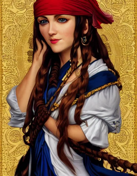 Image similar to fully clothed armed female pirate captain with a male deckhand partner, sun, summer, blue eyes, beauty, wisdom, love, strength, knowledge, smart, portrait, symmetrical, highly detailed, digital painting, artstation, smooth, sharp focus, illustration, strength, art by artgerm and alphonse mucha and louis theophile hingre. 8 k