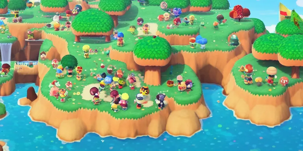 Image similar to Katamari Damacy rolling up an Animal Crossing island