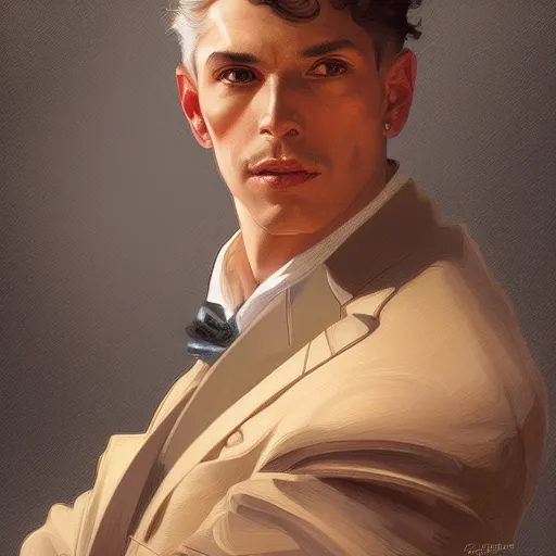 Image similar to portrait of a leyendecker man, sly, intricate, elegant, highly detailed, digital painting, artstation, concept art, smooth, sharp focus, illustration, art by artgerm and greg rutkowski and alphonse mucha and william - adolphe bouguereau