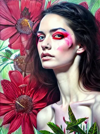 Prompt: portrait of elizabeth bert with a floral background : : painted by artgerm, karol bak, artur bordalo, sandra chevrier : : portrait, character, illustration, hyperrealism, photorealism