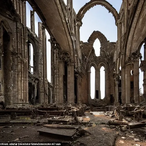 Prompt: a ruined cathedral with skeletal remains on the floor, sunlight shining through holes on the ruin walls, dark red orbs float inside the ruined cathedral, realistic lighting
