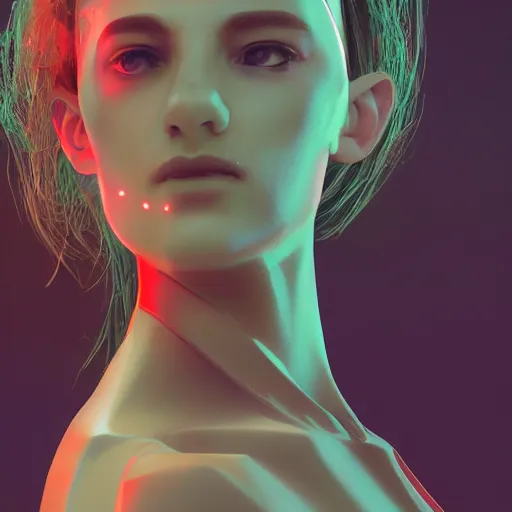 Image similar to white one cast futuristic biomechanic future human, beautiful face, female, futuristic, neon lights, cyberpunk, 8 k, digital painting, by beeple and makoto shinkai, trending on cg society, glamour pose, fashion photography, high fashion, canon r 3, photorealistic, hyper realisitic