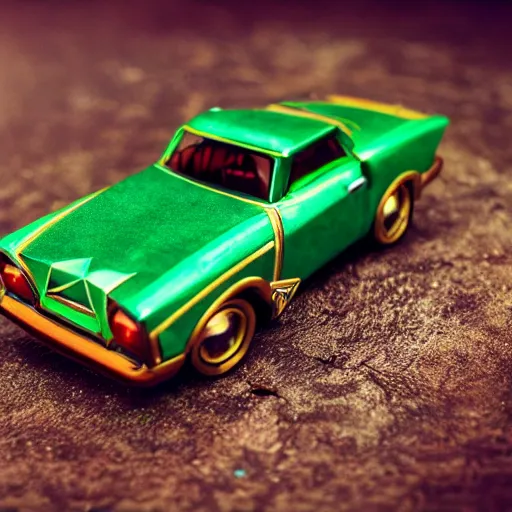 Prompt: 3 5 mm photo of metallic green and wood zelda car like hot wheels model with a hyrule as background, epic cinematic, epic lighting