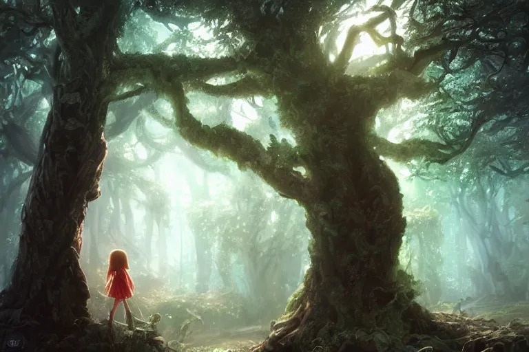 Prompt: a hyperrealistic acrylic painting of a fantasy scene where a little girl is standing on a branch of a huge tree in a magical forest. Volumetric lighting. In the style of Greg Rutkowski and Artgerm. Epic fantasy art.