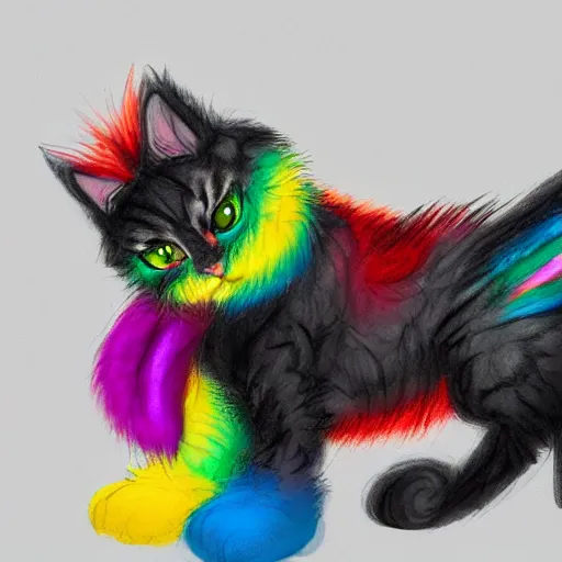 Image similar to wide angle full body, of a fluffy cute rainbow kitten wearing a black leather motorcycle jacket, concept art