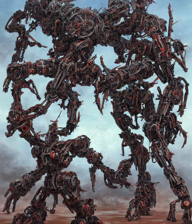 Image similar to biomechanical combat mecha with long multisegmented arms by boris groh, brian despain, gerald brom. rich colors, 3 d sculpture