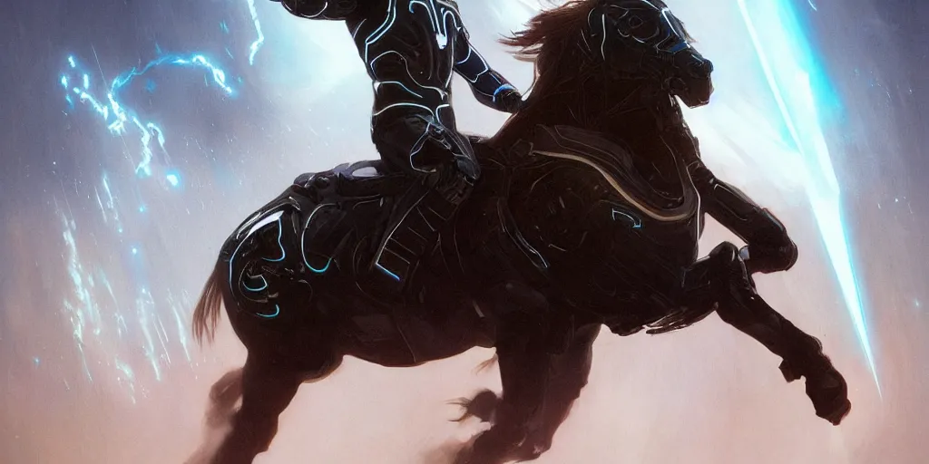 Image similar to tron legacy jesus riding cyborg horse, face, diffuse lighting, hyper realistic, concept art, intricate, hyper detailed, smooth, sharp focus, illustration, trending on artstation, art by greg rutkowski and james gurney and alphonse mucha