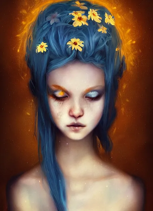 Prompt: a gorgeous flower princess portrait by WLOP, emerald yellow eyes, blue hair, digital painting, beautiful lighting, ominous, cgsociety