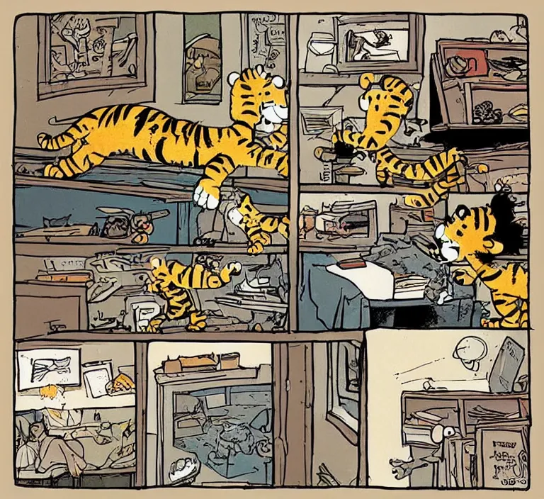 Prompt: “ a grownup version of calvin discovering his old stuffed tiger hobbes in an attic, illustrated by bill watterson ”