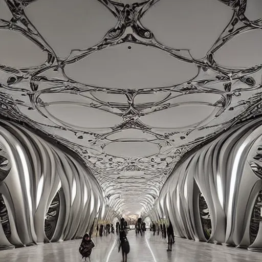 Prompt: Mars art center designed by Zaha Hadid with baroque elements. Ultra futuristic design that combines ornate baroque with clean organic forms.. Beautiful, enormous space with epic details