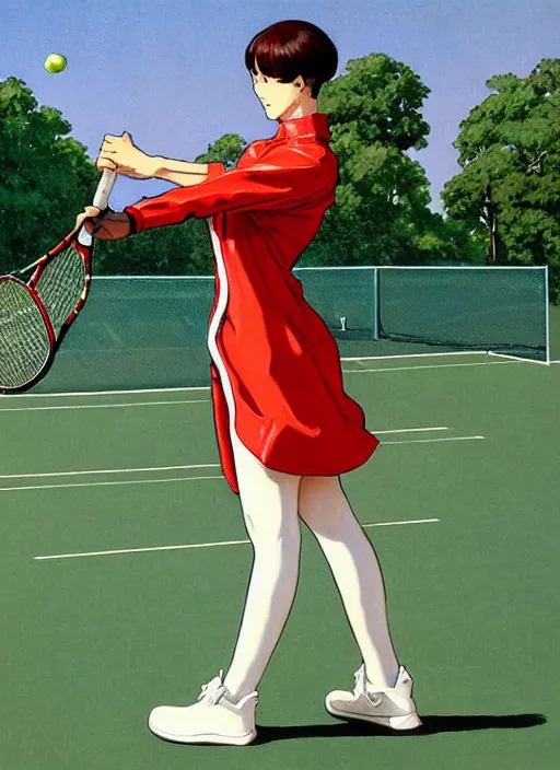 Prompt: a low angle copic maker art nouveau portrait of an anime cosplayer playing tennis on a grass court wearing a futuristic puffy red anorak and a white latex suit designed by balenciaga by john berkey norman rockwell