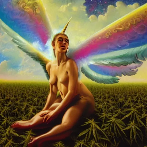 Image similar to an iridescent unicorn with translucent wings frolicking in a field of marijuana, a nebula is in the sky, oil painting by boris vallejo, concept art, highly detailed, high quality, 8 k,