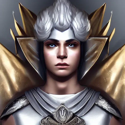 Prompt: male divine androgynous gorgeous, with a white gold high angelic armor, dark epic, roman toga, cinematic lighting, heaven background, concept art, highly detailed, photorealistic, 4 k