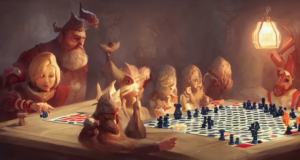 Prompt: in the land of playing cards, chess pieces and dominoes, game pieces come to life, storybook, beautiful, soft lighting, artstation,