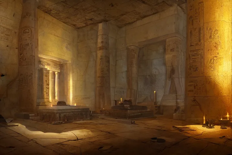 Prompt: egyptian tomb interior shiney gold and obsidian, beautiful painting, david roberts, greg rutkowski, james gurney, artstation.