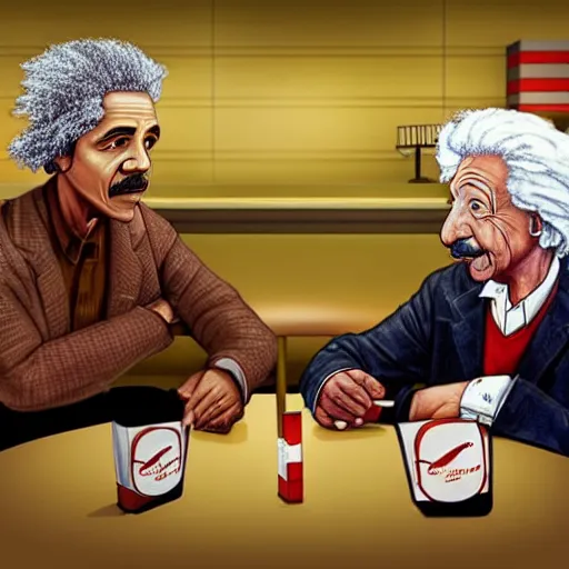 Image similar to Einstein and Obama sitting at McDonalds, ultra detailed, photorealistic, dramatic lighting