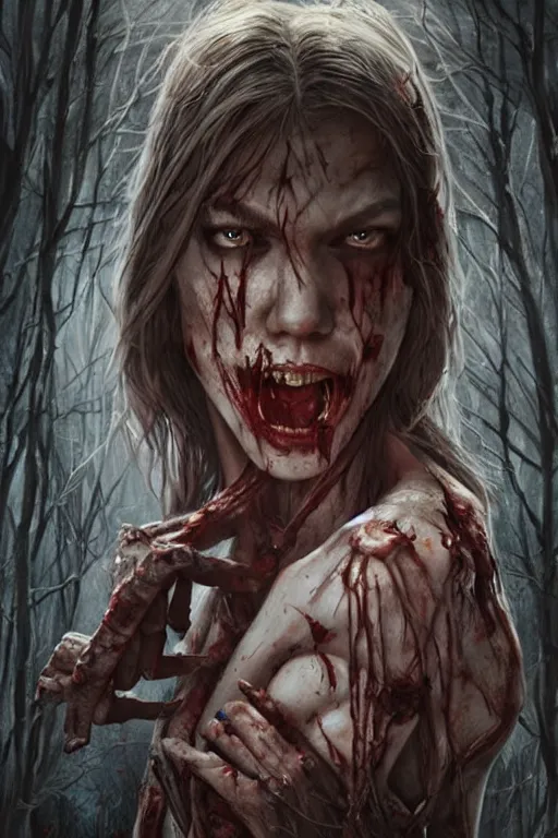 Image similar to movie poster of Karlie Kloss staring in a 1980 horror movie, zombie themed, by artgerm and greg rutkowski