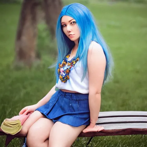 Image similar to dslr photo of a pretty young woman, full bodied portrait, with blue hair, sitting on a bench wearing a flower skirt, and body and wearing hemp sandals and a very detailed ruby necklace around neck, artgerm, artstation, very high quality face, intricate details, extremely high quality, moody lighting, real camera, real photo, 8 k, full subject in shot