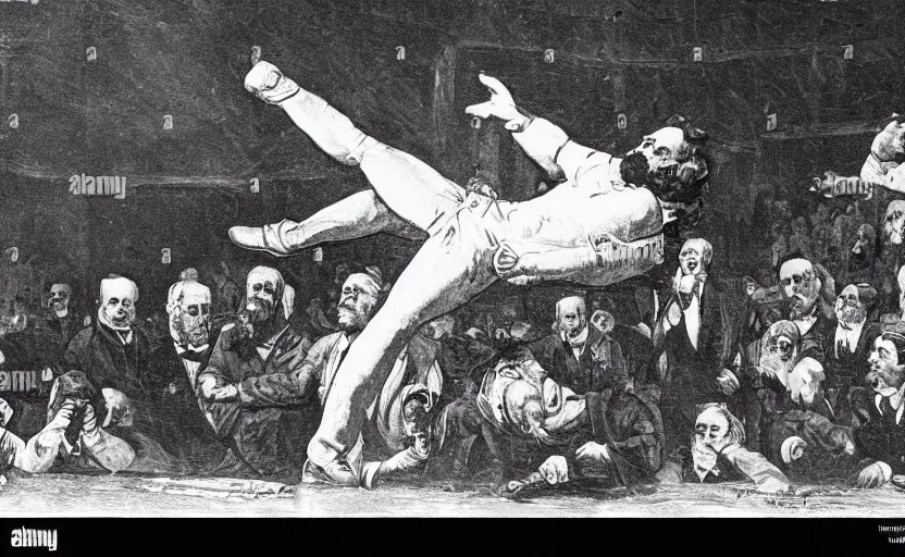 Prompt: Karl Marx as WWE wrestler suplexing Friedrich Nietsche on a WWE ring and the crowd goes crazy, sports photo, highly detailed