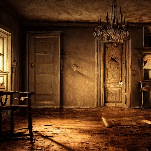 Prompt: a highly detailed photographic render of a creepy old haunted house, photos of a haunted living room, horror, bloody, ghost, creepy, cinematic lighting, cinematic scene, Volumetric lighting, Atmospheric scene, Dark, Horror, Atmospheric lighting, Global illumination cinematic render, film, beautifully lit, ray traced, octane 3D render, octane render, unreal engine