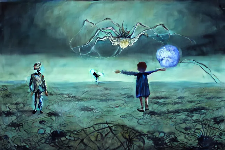 Prompt: realistic detailed photorealistic film portrait shot of a ghost kid playing with giant spider, futuristic sci-fi landscape on background by Denis Villeneuve, Amano, Yves Tanguy, Alphonse Mucha, Ernst Haeckel, Max Ernst, Andrei Tarkovsky, Edward Robert Hughes, Roger Dean, necklace, dynamic pose, rich moody colours, wide angle, blue eyes